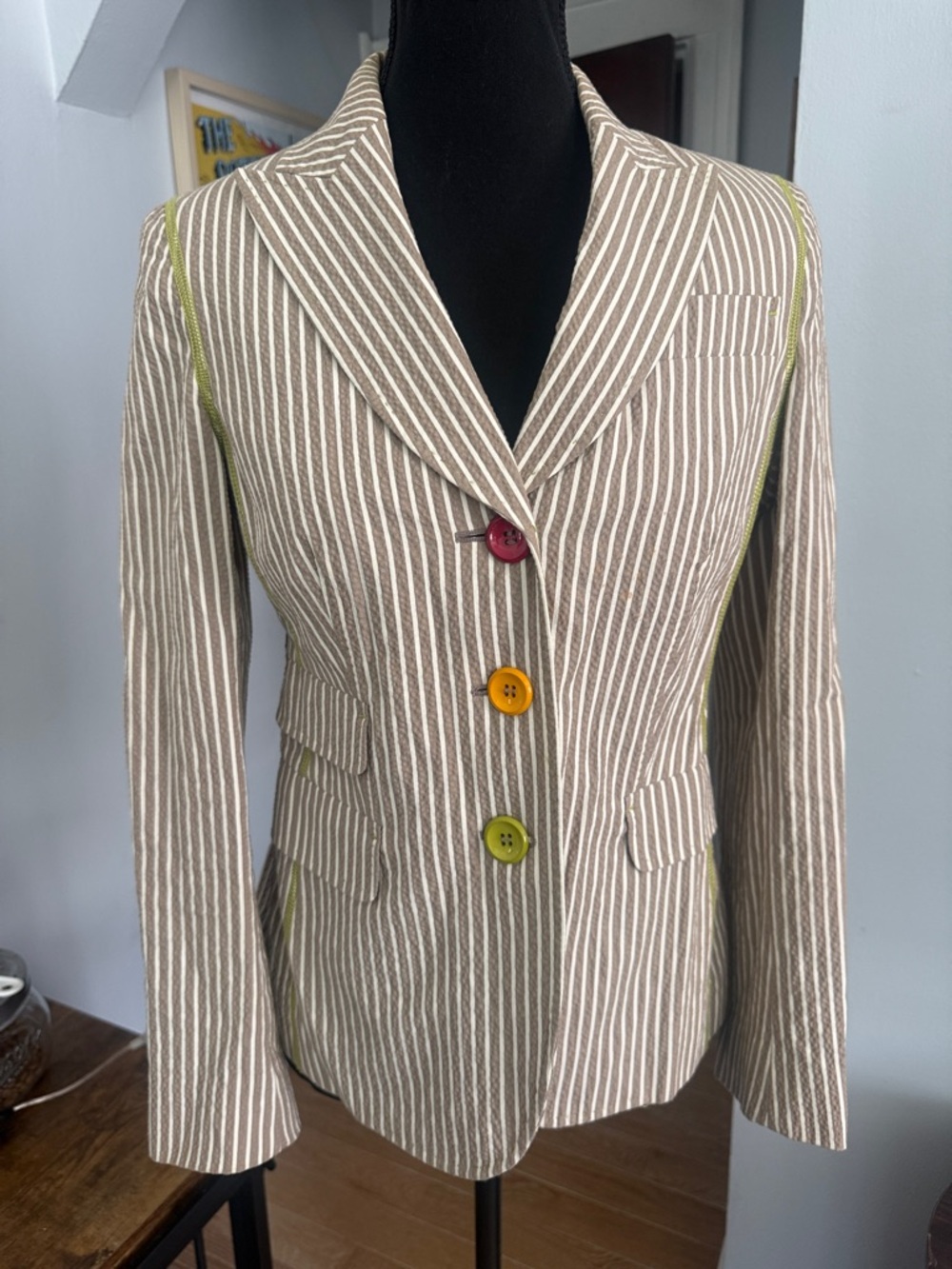 Moschino Tan and White Striped Blazer with Colorful Buttons